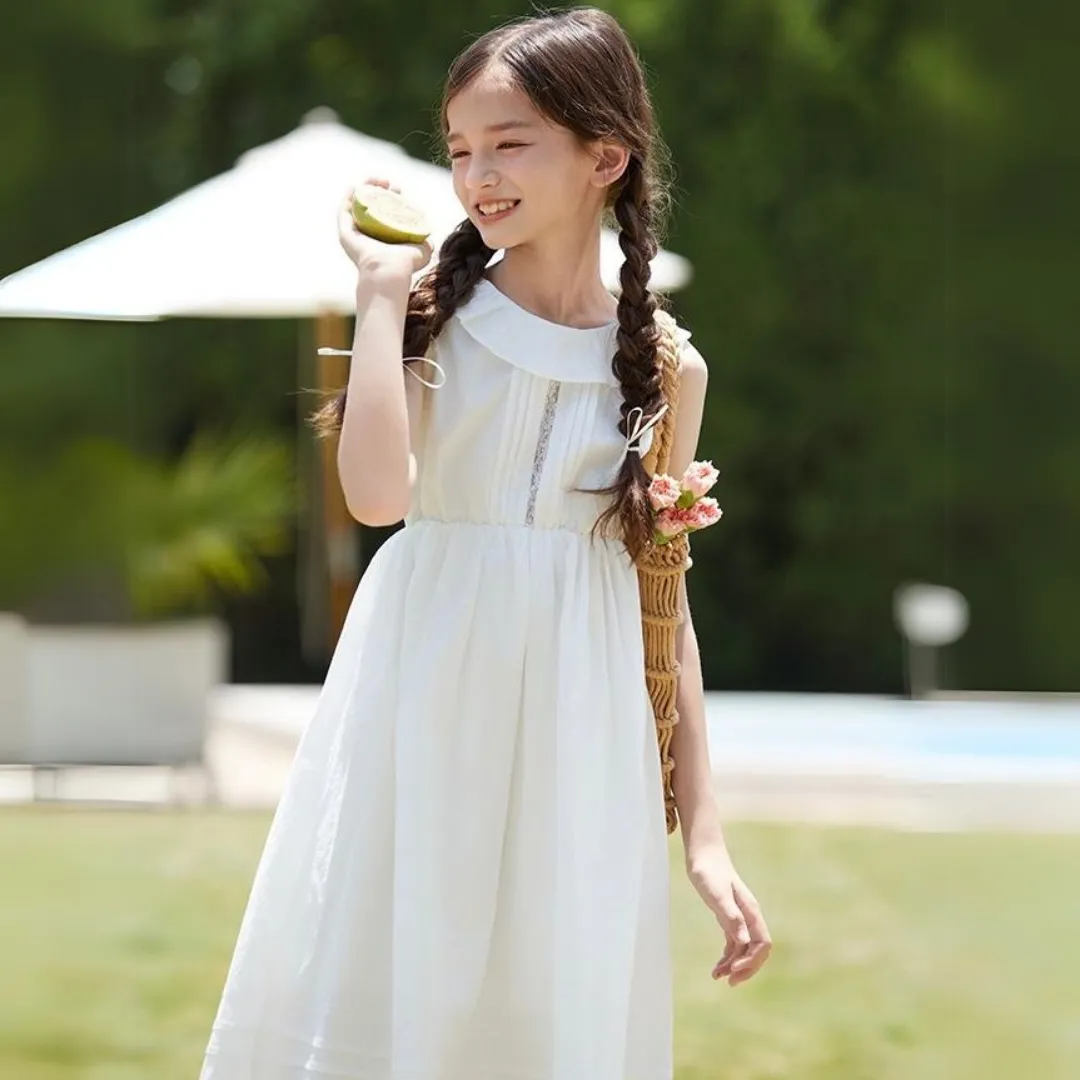 蕾丝拼接镂空背心裙 Premium White Lace Ruffle Summer Dress