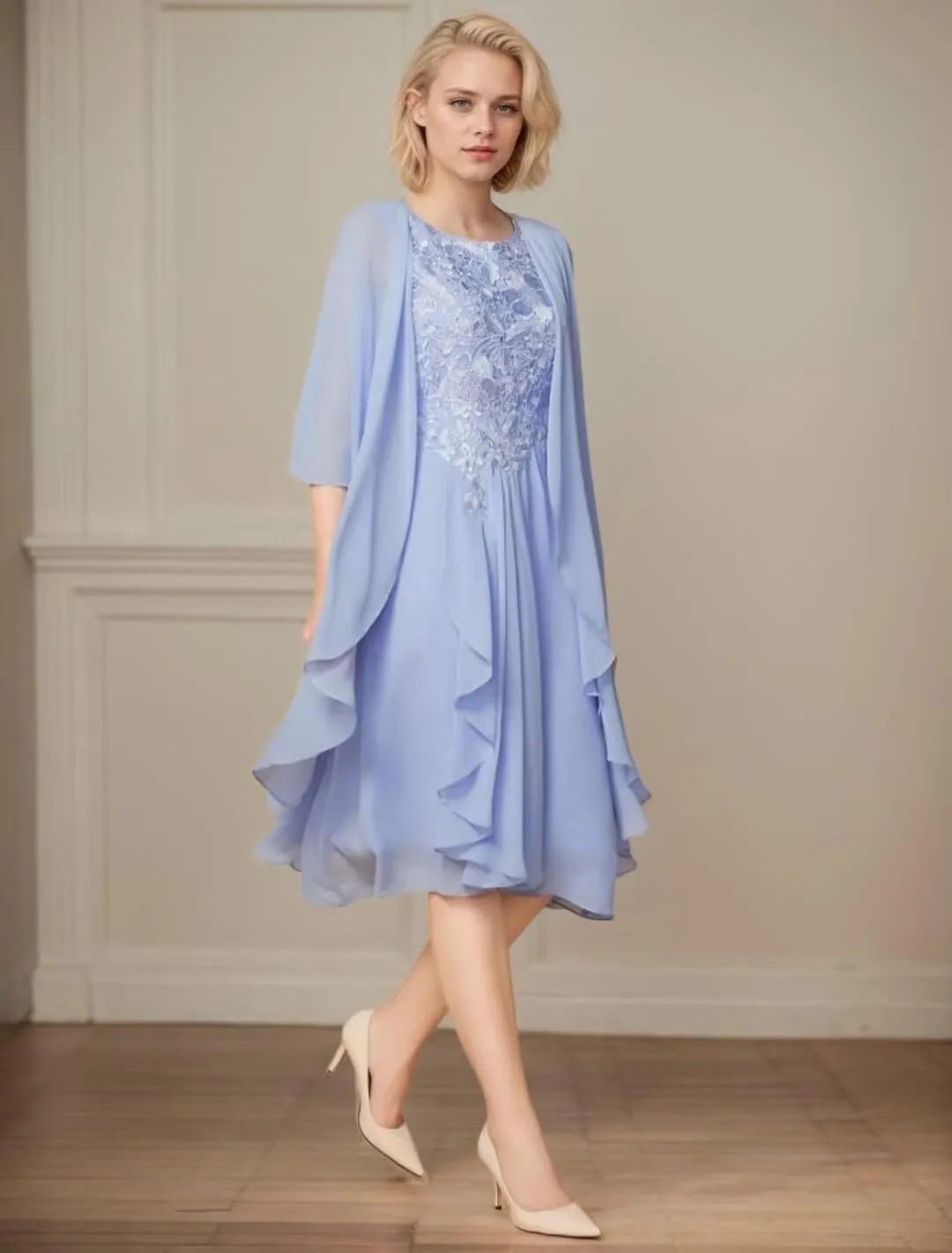 2 Pieces Mother of The Bride Dresses for Wedding 1/2 Sleeves Chiffon Lace Knee Length Formal Outfits for Women