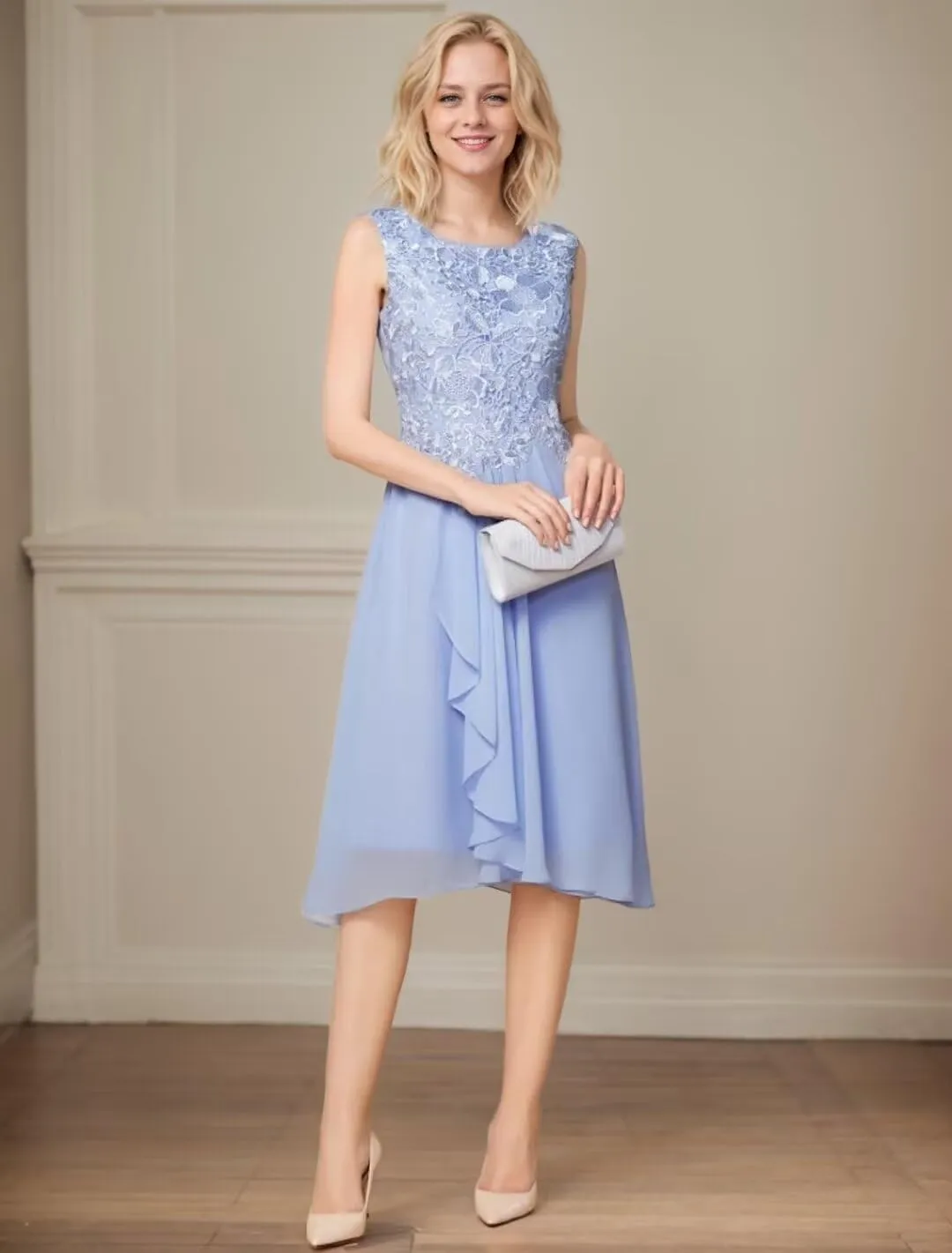 2 Pieces Mother of The Bride Dresses for Wedding 1/2 Sleeves Chiffon Lace Knee Length Formal Outfits for Women