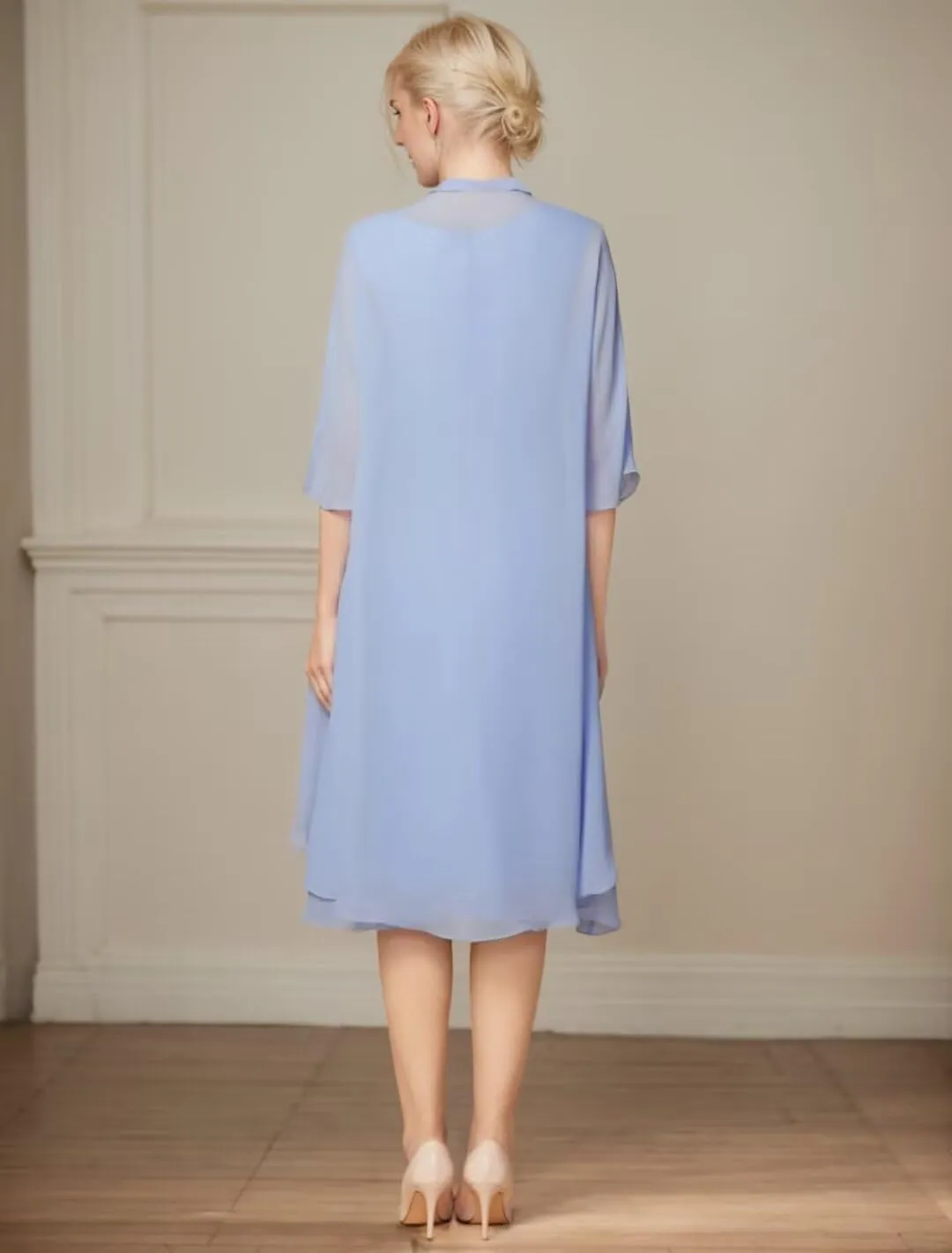 2 Pieces Mother of The Bride Dresses for Wedding 1/2 Sleeves Chiffon Lace Knee Length Formal Outfits for Women