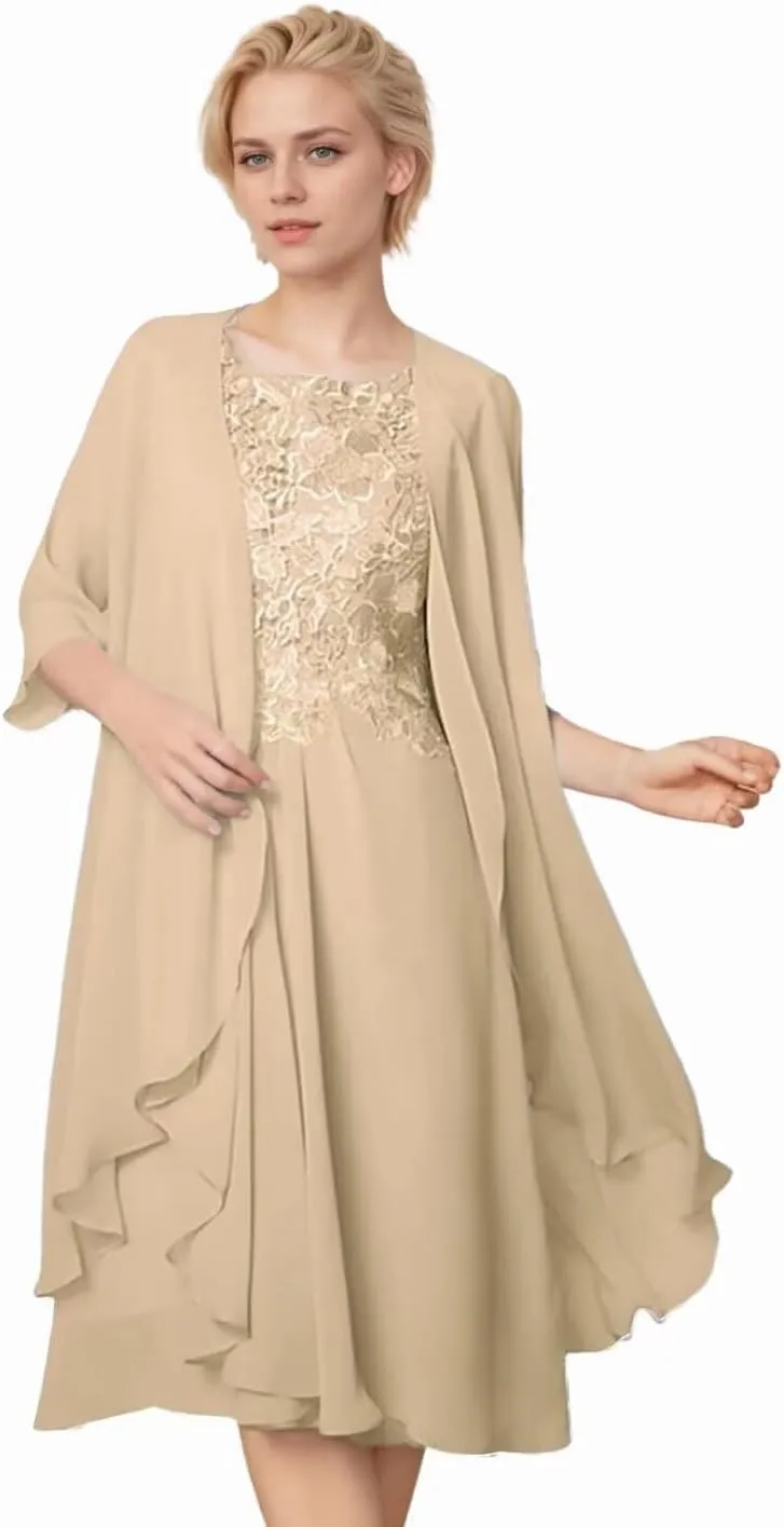 2 Pieces Mother of The Bride Dresses for Wedding 1/2 Sleeves Chiffon Lace Knee Length Formal Outfits for Women