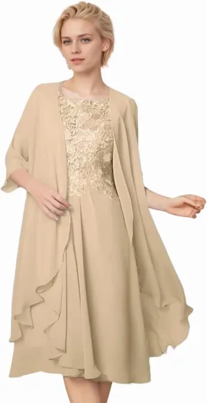 2 Pieces Mother of The Bride Dresses for Wedding 1/2 Sleeves Chiffon Lace Knee Length Formal Outfits for Women
