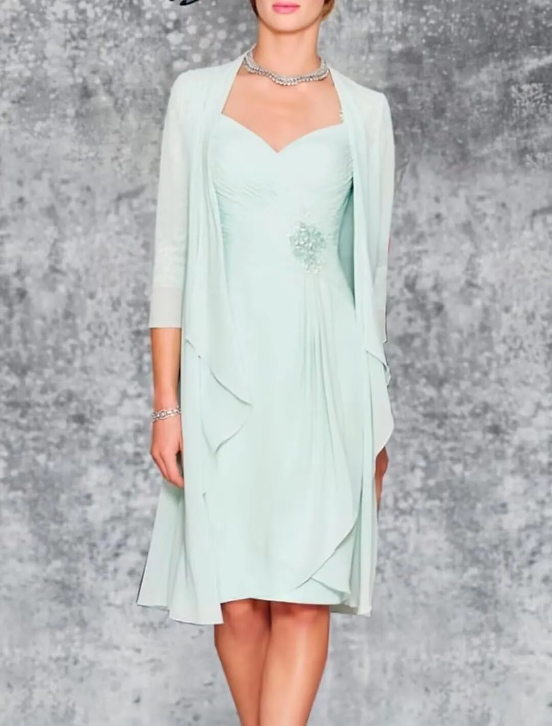 2 Pieces Mother of The Bride Dresses for Wedding Long Sleeves Chiffon Formal Outfits for Women with Jackets