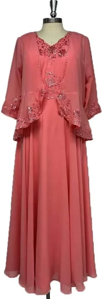 2 Pieces Mother of The Bride Dresses for Wedding with Jacket 3/4 Sleeve Chiffon Laces Formal Evening Gowns 2024