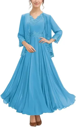 2 Pieces Mother of The Bride Dresses for Wedding with Jacket 3/4 Sleeve Chiffon Laces Formal Evening Gowns 2024