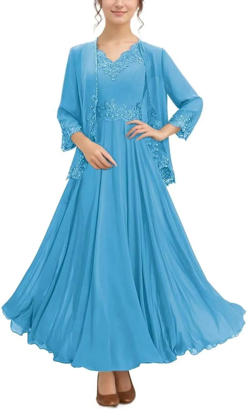 2 Pieces Mother of The Bride Dresses for Wedding with Jacket 3/4 Sleeve Chiffon Laces Formal Evening Gowns 2024