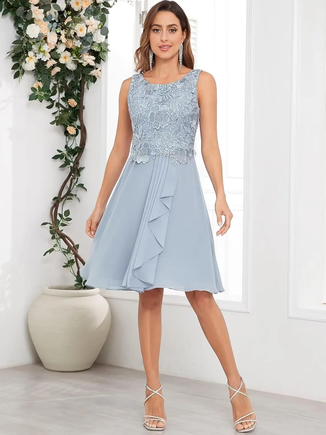 2 Pieces Mother of The Bride Dresses with Jacket for Wedding Half Sleeves Lace Ruffle Evening Dress