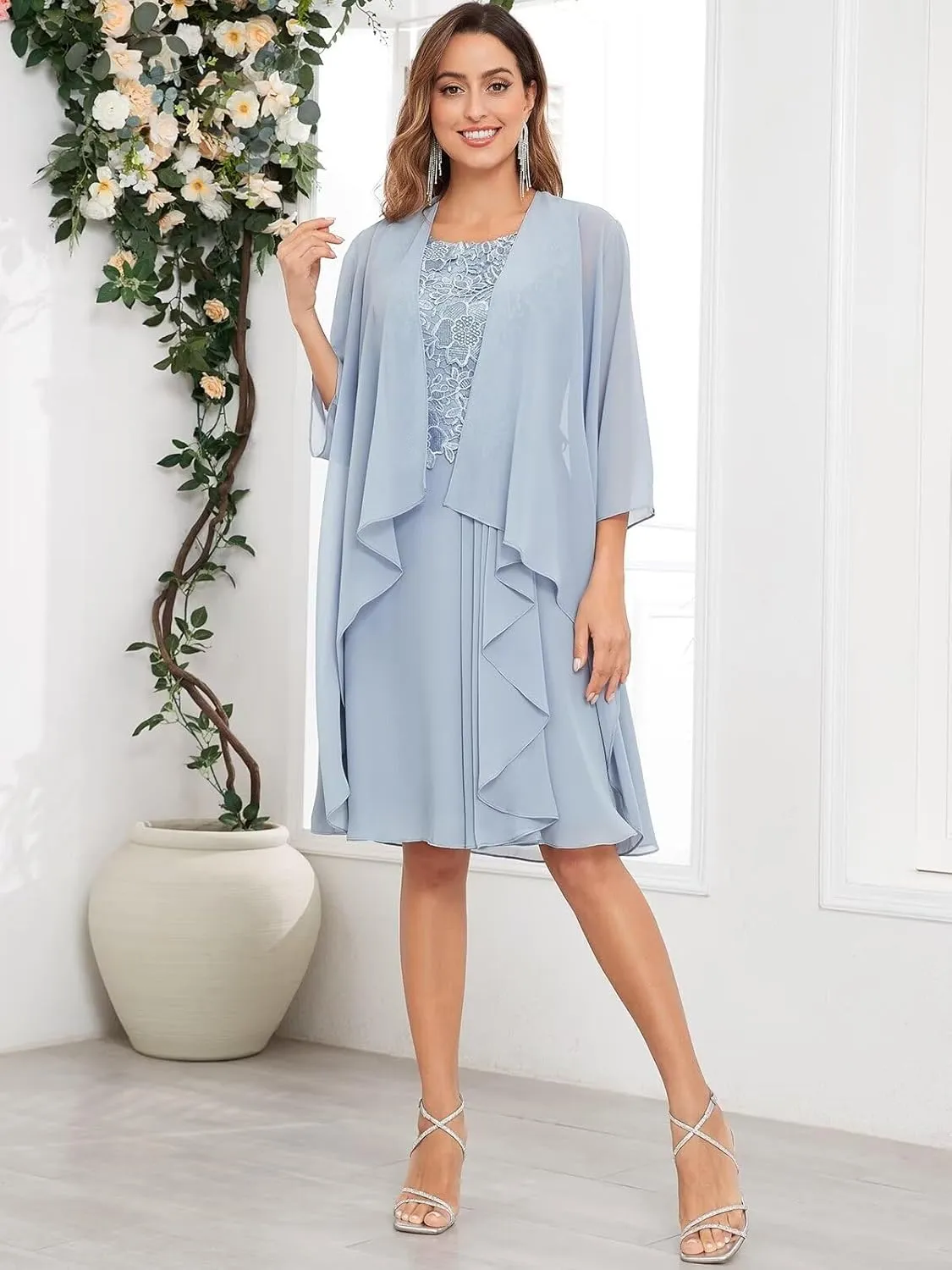 2 Pieces Mother of The Bride Dresses with Jacket for Wedding Half Sleeves Lace Ruffle Evening Dress