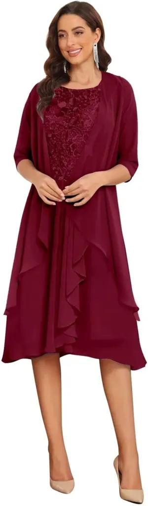 2 Pieces Mother of The Bride Dresses with Jacket for Wedding Half Sleeves Lace Ruffle Evening Dress
