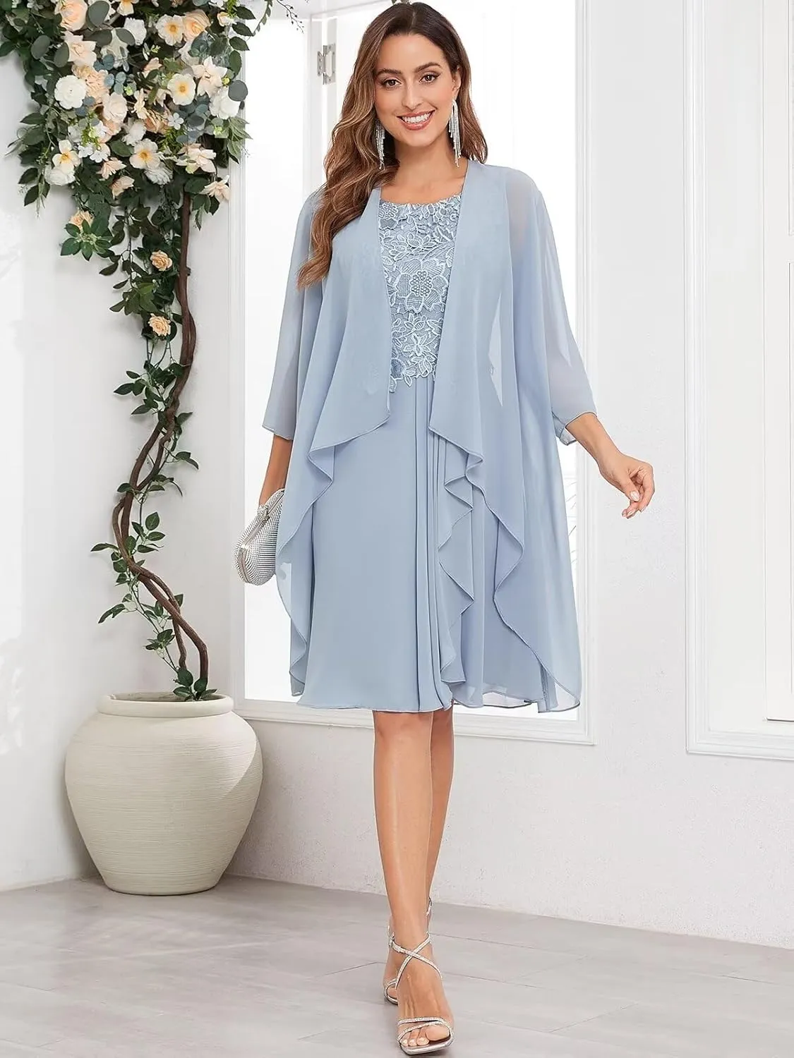 2 Pieces Mother of The Bride Dresses with Jacket for Wedding Half Sleeves Lace Ruffle Evening Dress