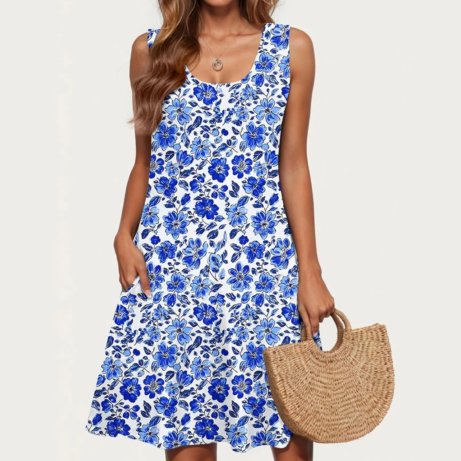 2025 Summer Dresses Womens Beach Boho Sleeveless Vintage Floral Flowy Pocket Tshirts Tanks Tunic Short Mini Sundresses