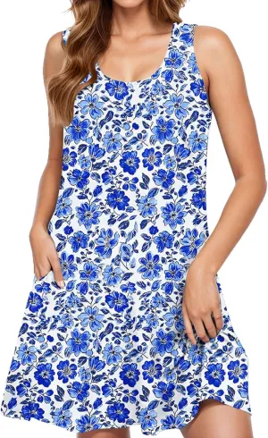 2025 Summer Dresses Womens Beach Boho Sleeveless Vintage Floral Flowy Pocket Tshirts Tanks Tunic Short Mini Sundresses