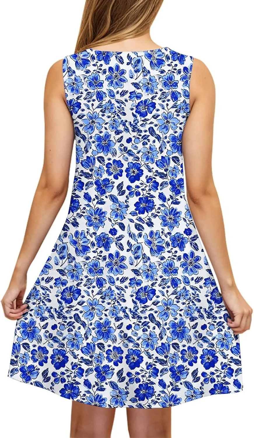 2025 Summer Dresses Womens Beach Boho Sleeveless Vintage Floral Flowy Pocket Tshirts Tanks Tunic Short Mini Sundresses