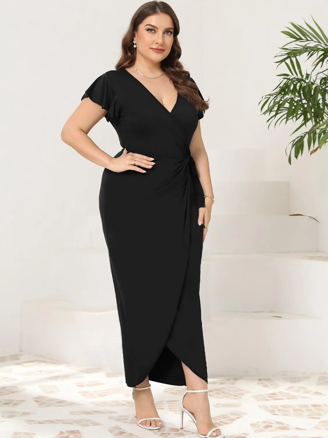 2025 Womens Deep Cross V Neck Ruffle Sleeve Tulip Hem Plus Size Work Cocktail Party Elegant Ruched Long Wrap Dress