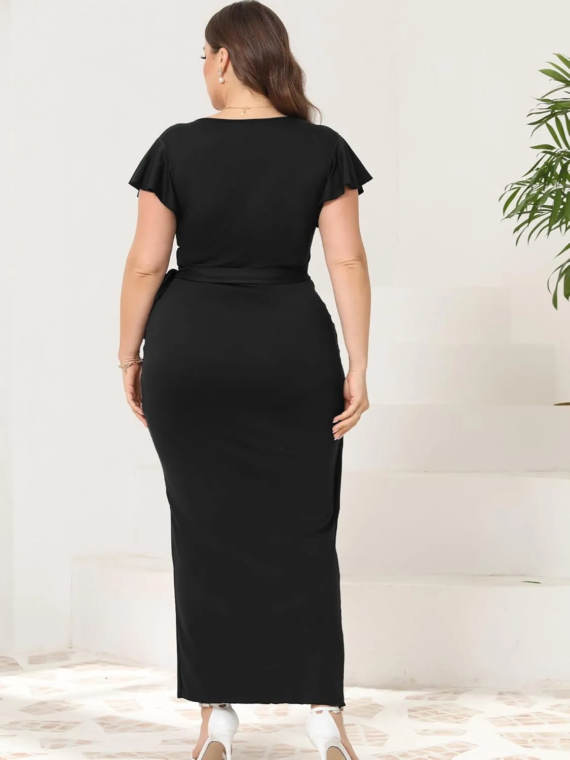 2025 Womens Deep Cross V Neck Ruffle Sleeve Tulip Hem Plus Size Work Cocktail Party Elegant Ruched Long Wrap Dress