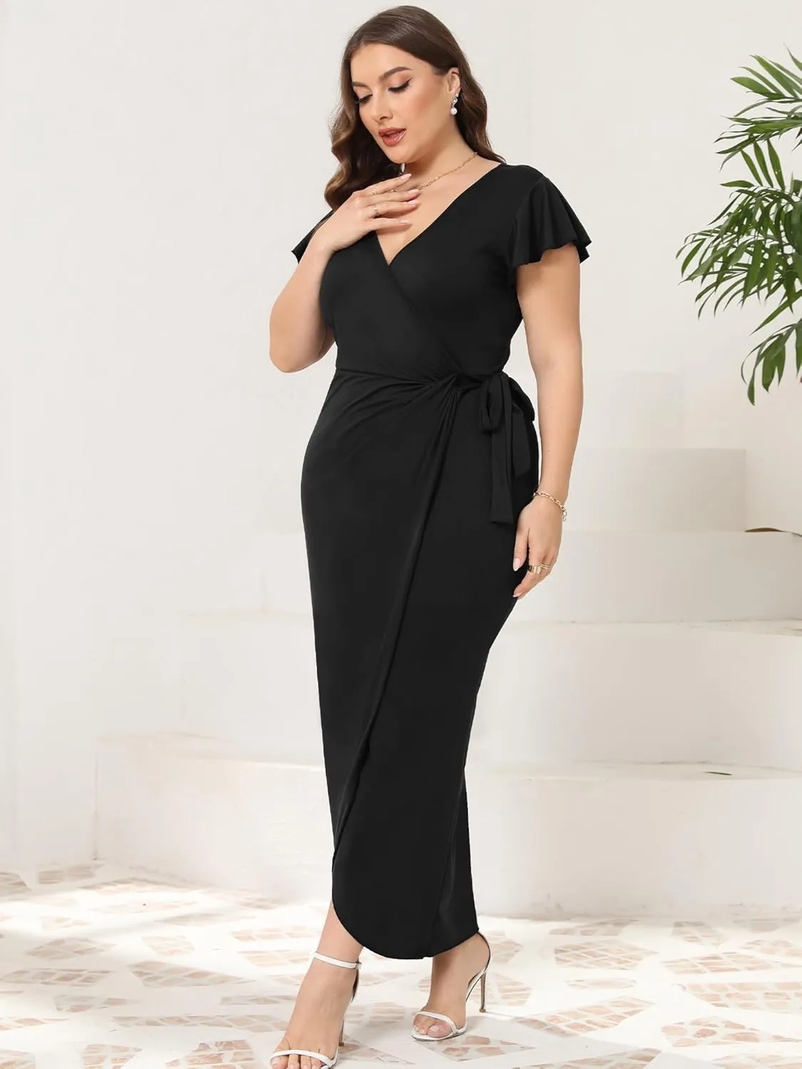 2025 Womens Deep Cross V Neck Ruffle Sleeve Tulip Hem Plus Size Work Cocktail Party Elegant Ruched Long Wrap Dress