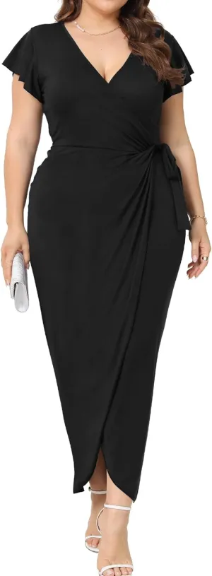 2025 Womens Deep Cross V Neck Ruffle Sleeve Tulip Hem Plus Size Work Cocktail Party Elegant Ruched Long Wrap Dress