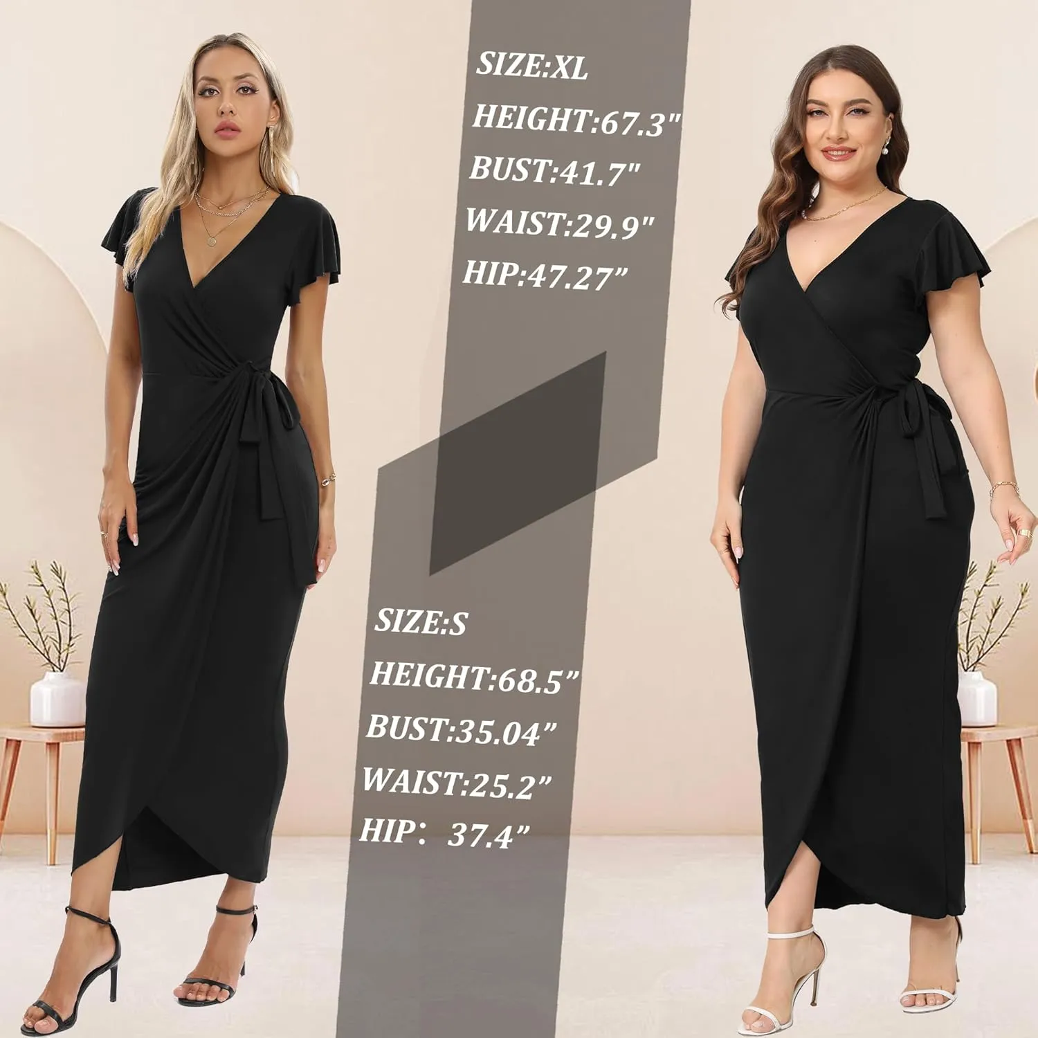 2025 Womens Deep Cross V Neck Ruffle Sleeve Tulip Hem Plus Size Work Cocktail Party Elegant Ruched Long Wrap Dress