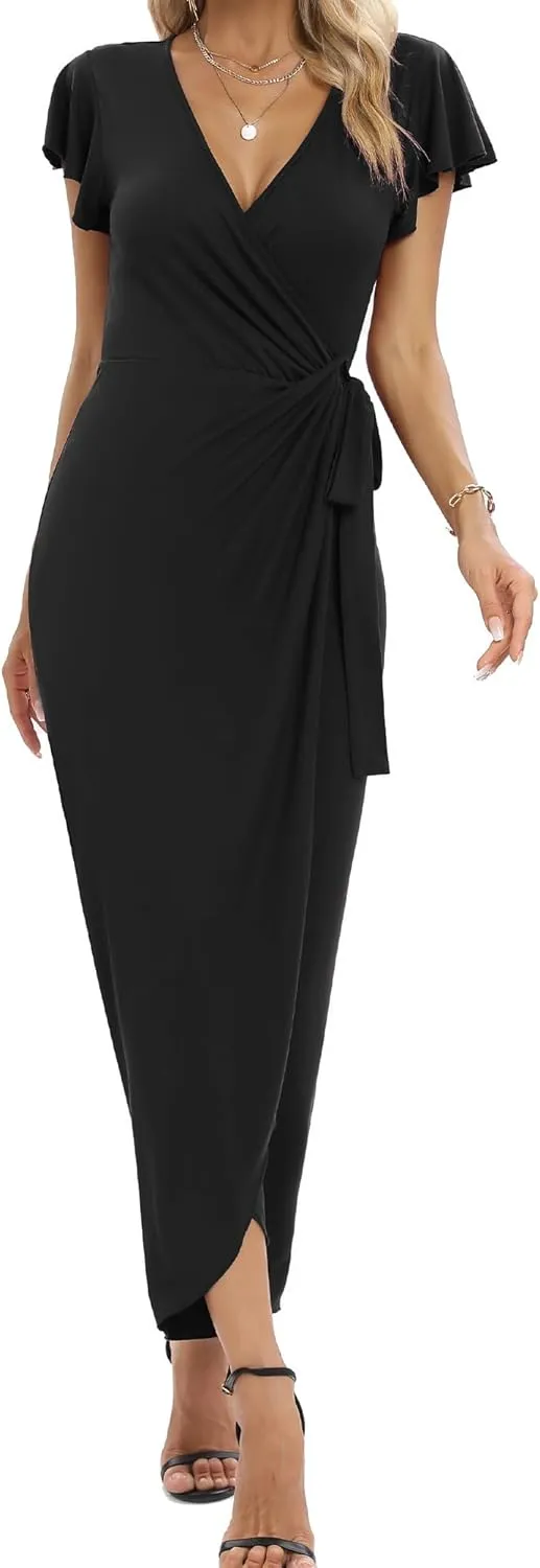 2025 Womens Deep Cross V Neck Ruffle Sleeve Tulip Hem Plus Size Work Cocktail Party Elegant Ruched Long Wrap Dress