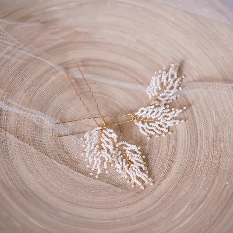 2pc feather shape beads hair pins for bride headdress