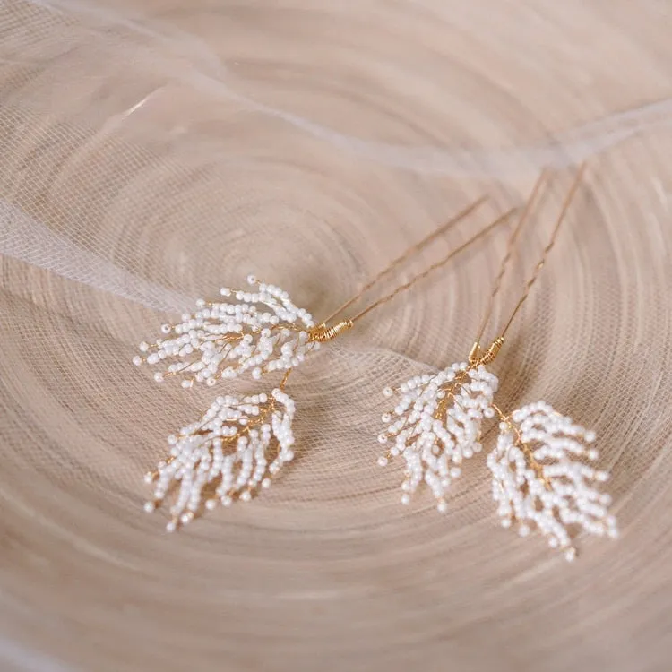 2pc feather shape beads hair pins for bride headdress