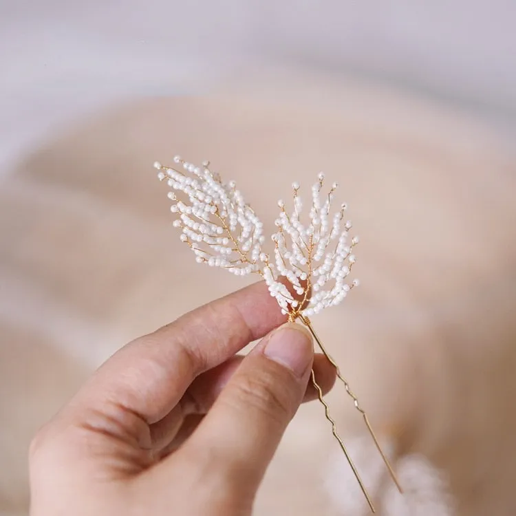 2pc feather shape beads hair pins for bride headdress