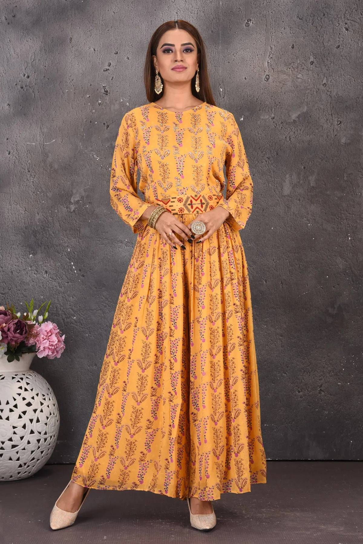 503109 Yellow Printed Jumpsuit with Multicolor Embroidery Waistband