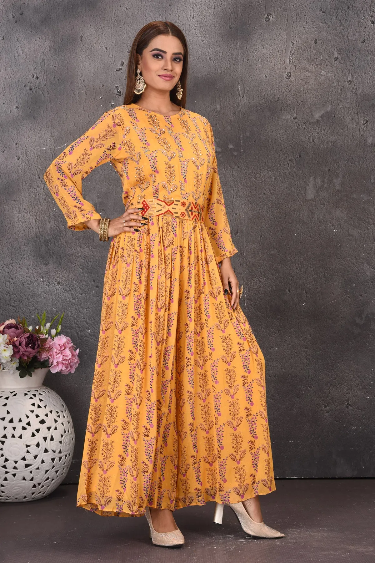 503109 Yellow Printed Jumpsuit with Multicolor Embroidery Waistband