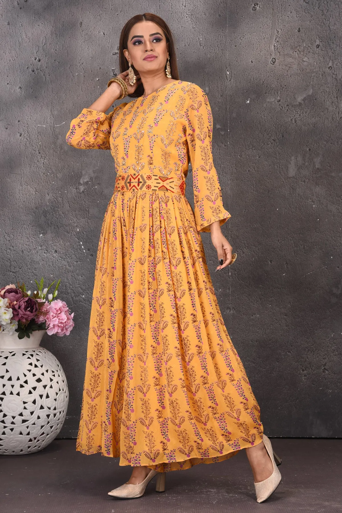 503109 Yellow Printed Jumpsuit with Multicolor Embroidery Waistband