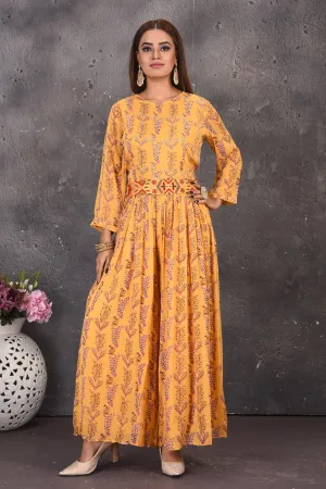 503109 Yellow Printed Jumpsuit with Multicolor Embroidery Waistband