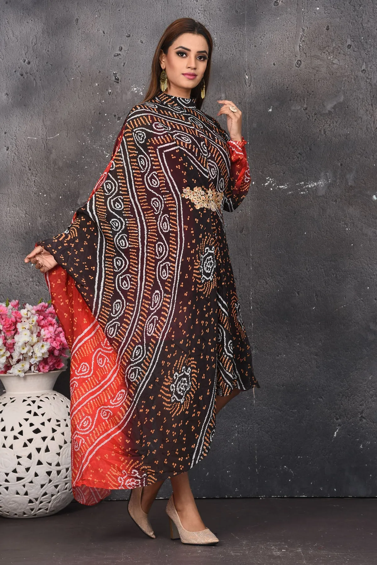 503160 Maroon and Red Bandhej Indowestern Dress