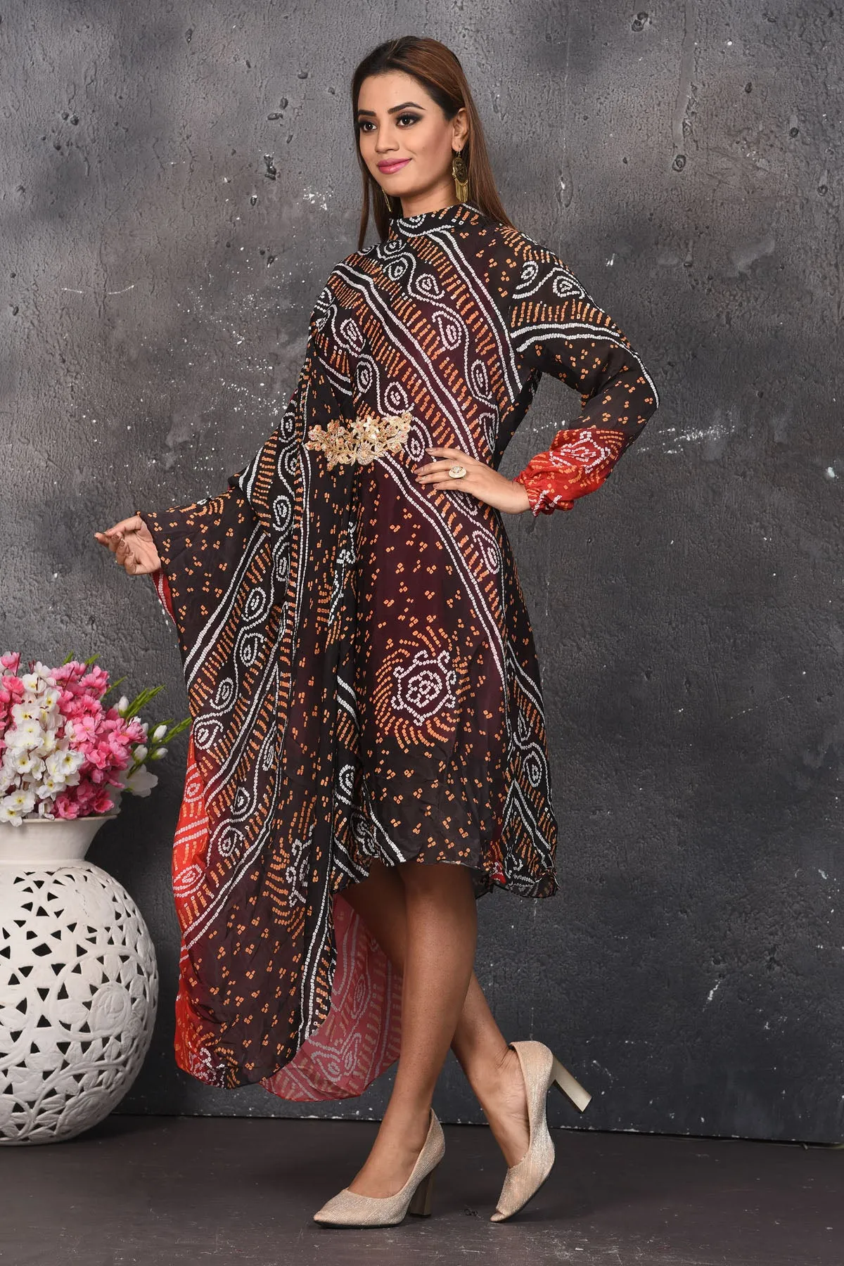 503160 Maroon and Red Bandhej Indowestern Dress