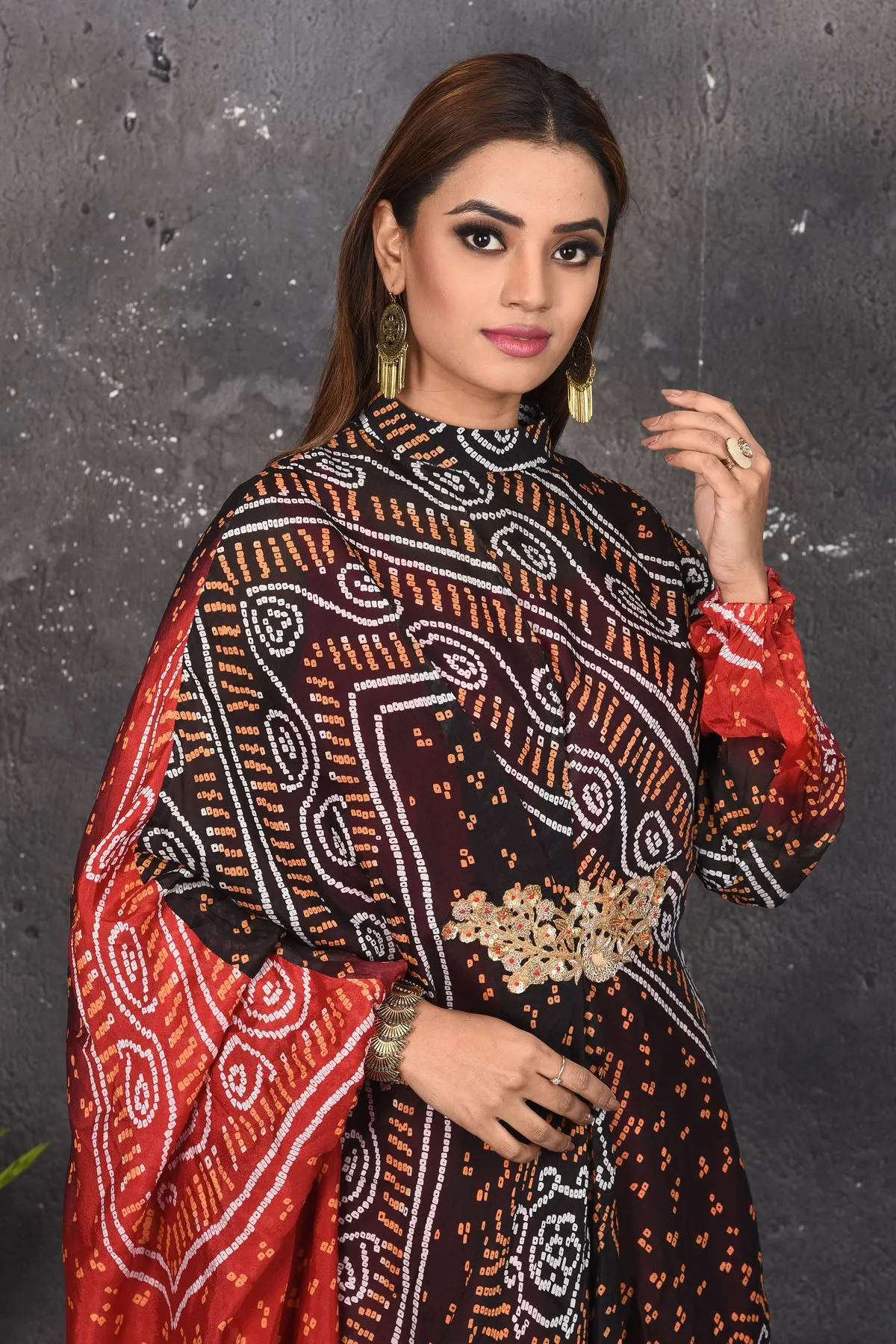 503160 Maroon and Red Bandhej Indowestern Dress