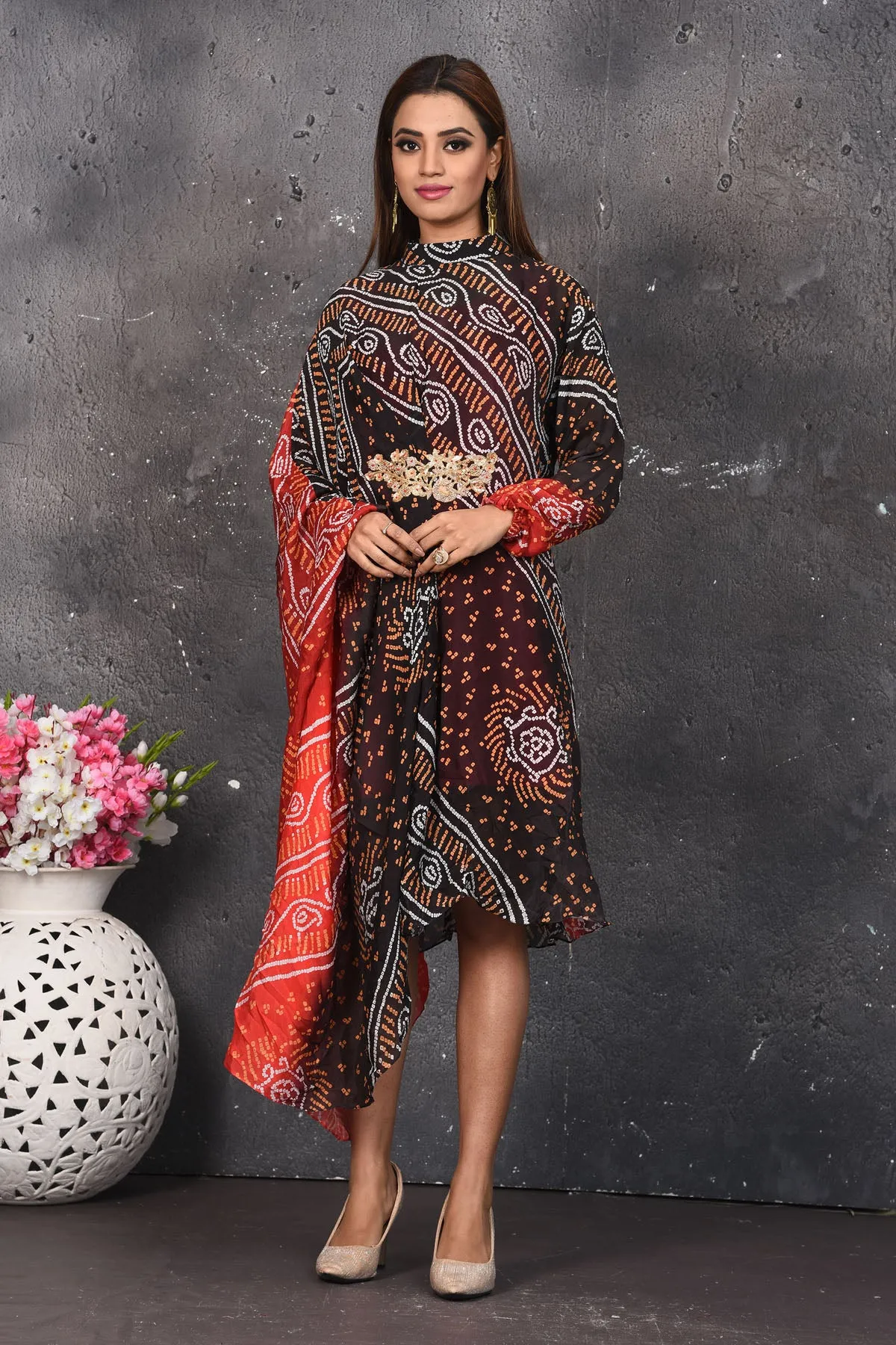 503160 Maroon and Red Bandhej Indowestern Dress