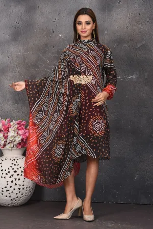503160 Maroon and Red Bandhej Indowestern Dress