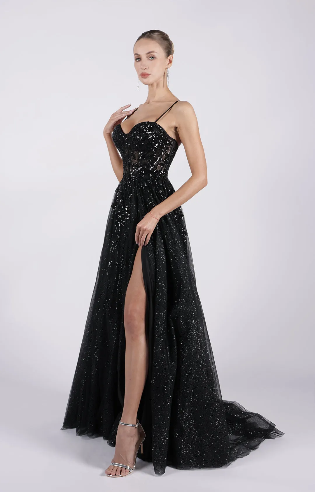 A-Line Corset Sequin Embroidery Split Lace-up Puffy Dress