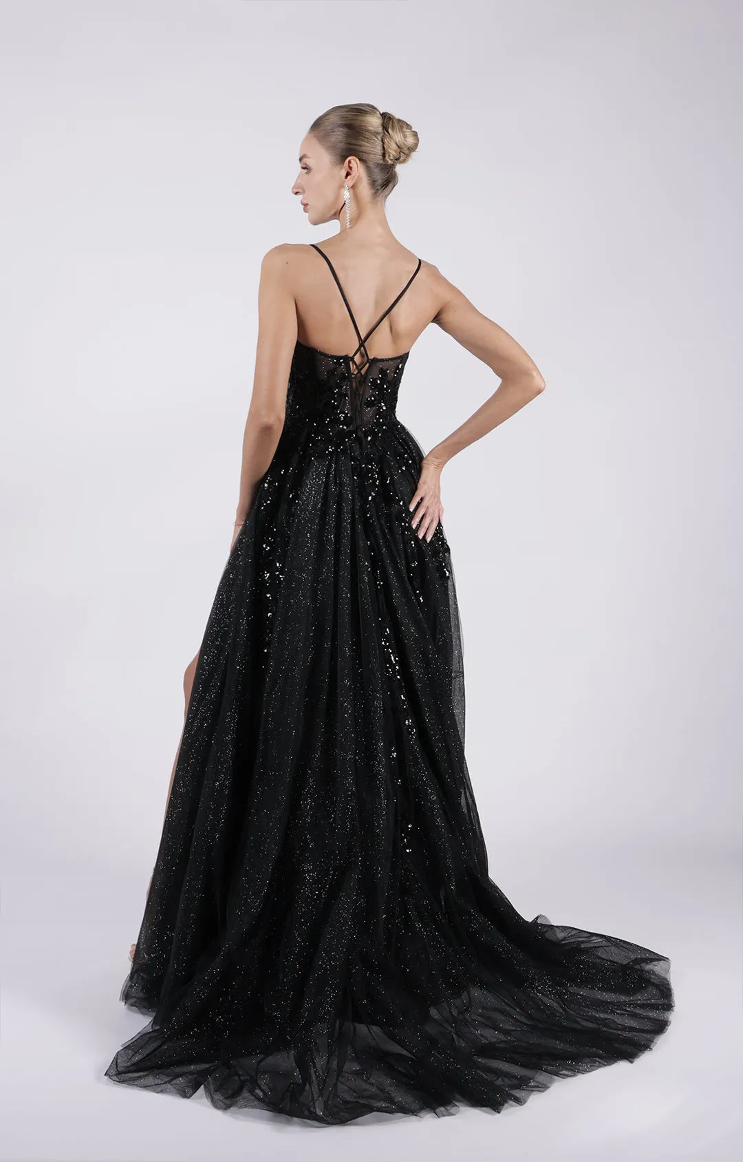 A-Line Corset Sequin Embroidery Split Lace-up Puffy Dress