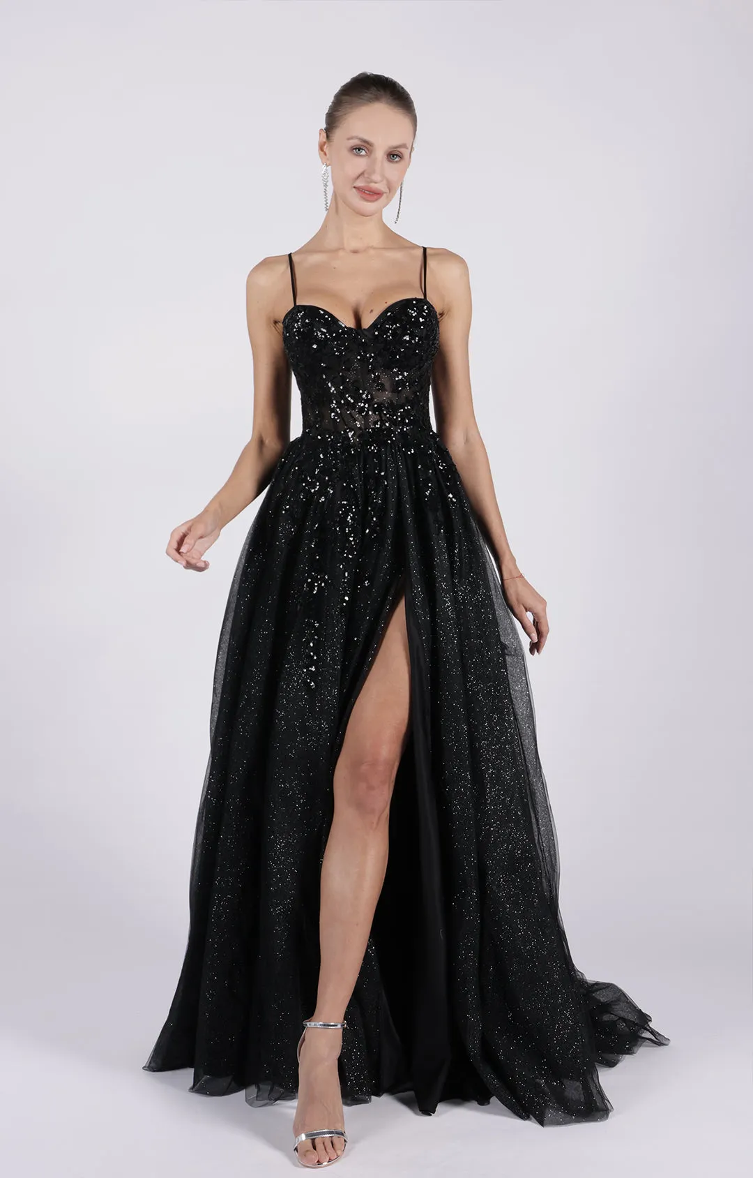A-Line Corset Sequin Embroidery Split Lace-up Puffy Dress