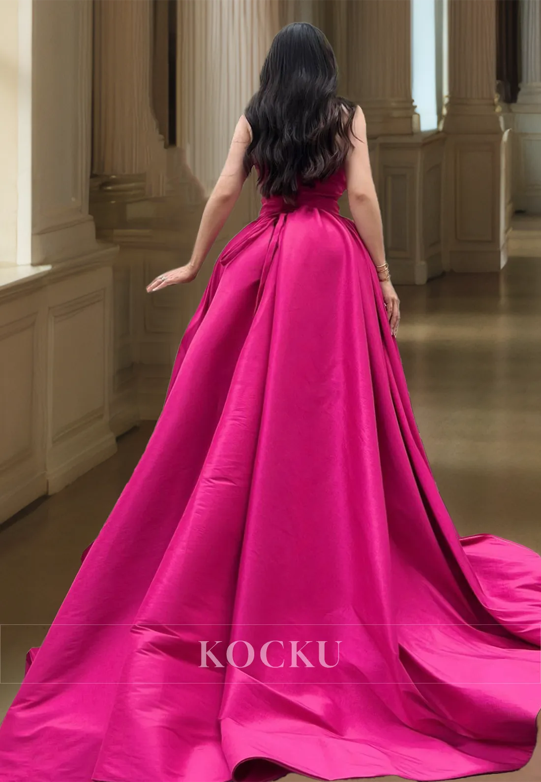 A-Line Sweetheart Sleeveless High Slit Satin Evening Gowns Floral Embossed Prom Dress with Train