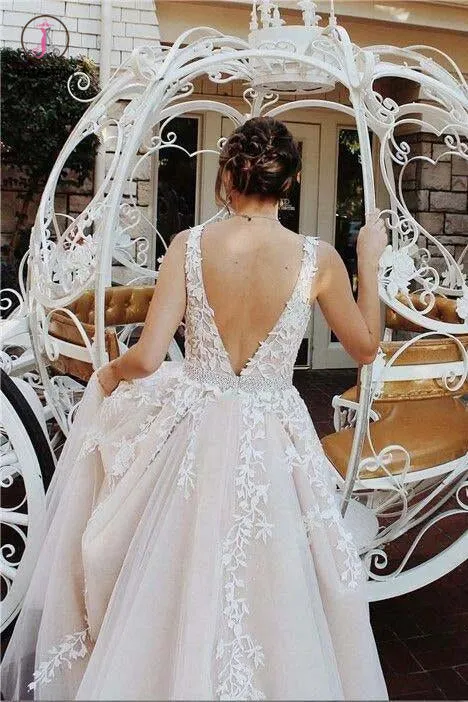 A-line V Neck Long Sexy Prom Dress,Lace Appliques Long Wedding Dresses KPW0018