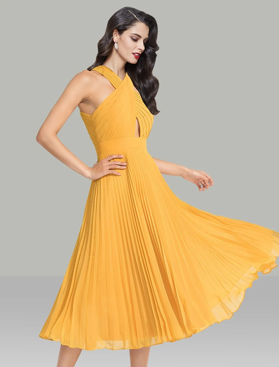 A-Line Wedding Guest Dresses Elegant Dress Cocktail Party Tea Length Sleeveless Halter Chiffon with Ruched