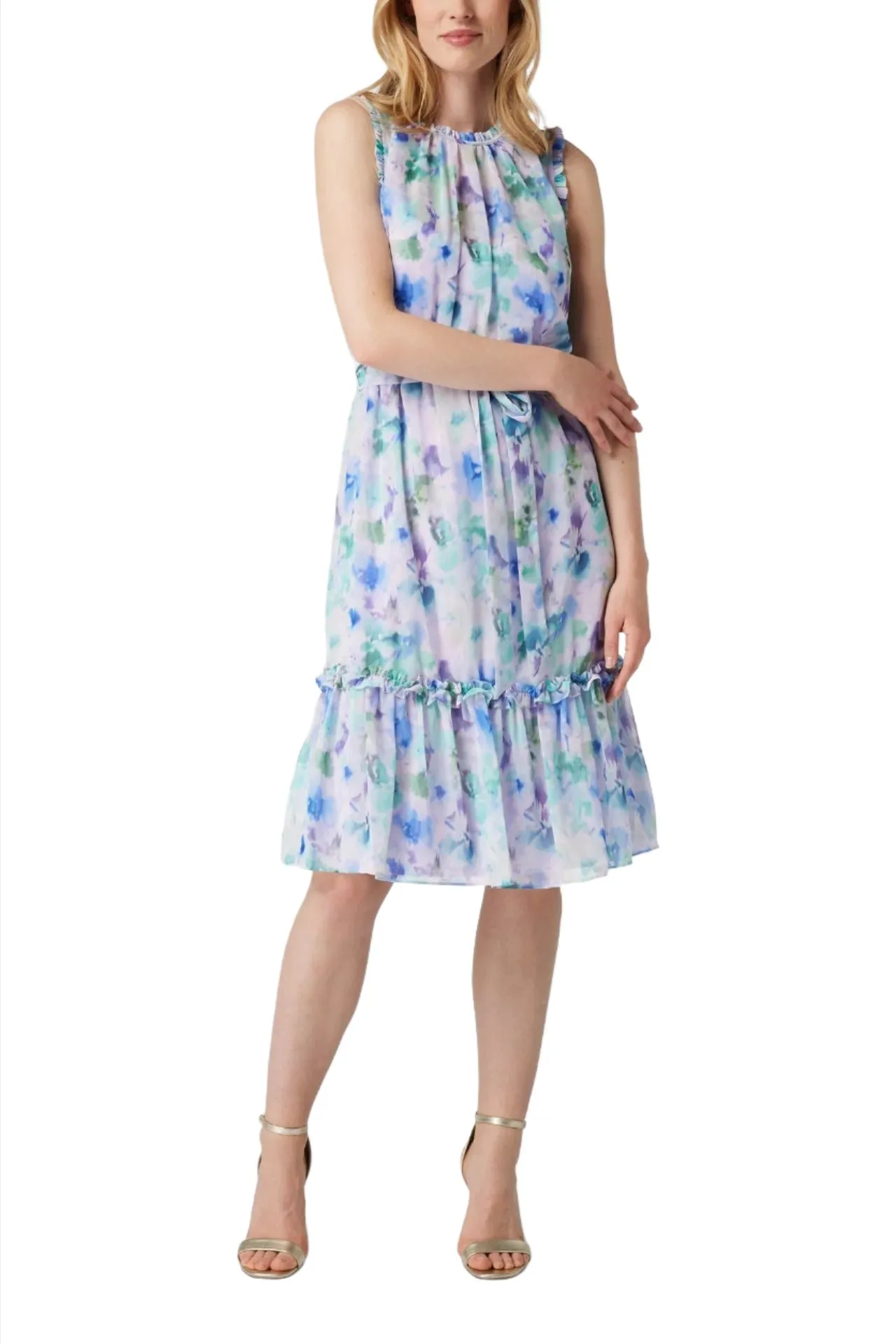 Adrianna Papell Crew Neck Sleeveless Back Zipper Chiffon Midi Dress
