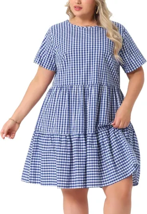 Agnes Orinda Plus Size Gingham Dresses 1950s Vintage Plaid Round Neck Short Sleeve Tiered Midi Summer Dress