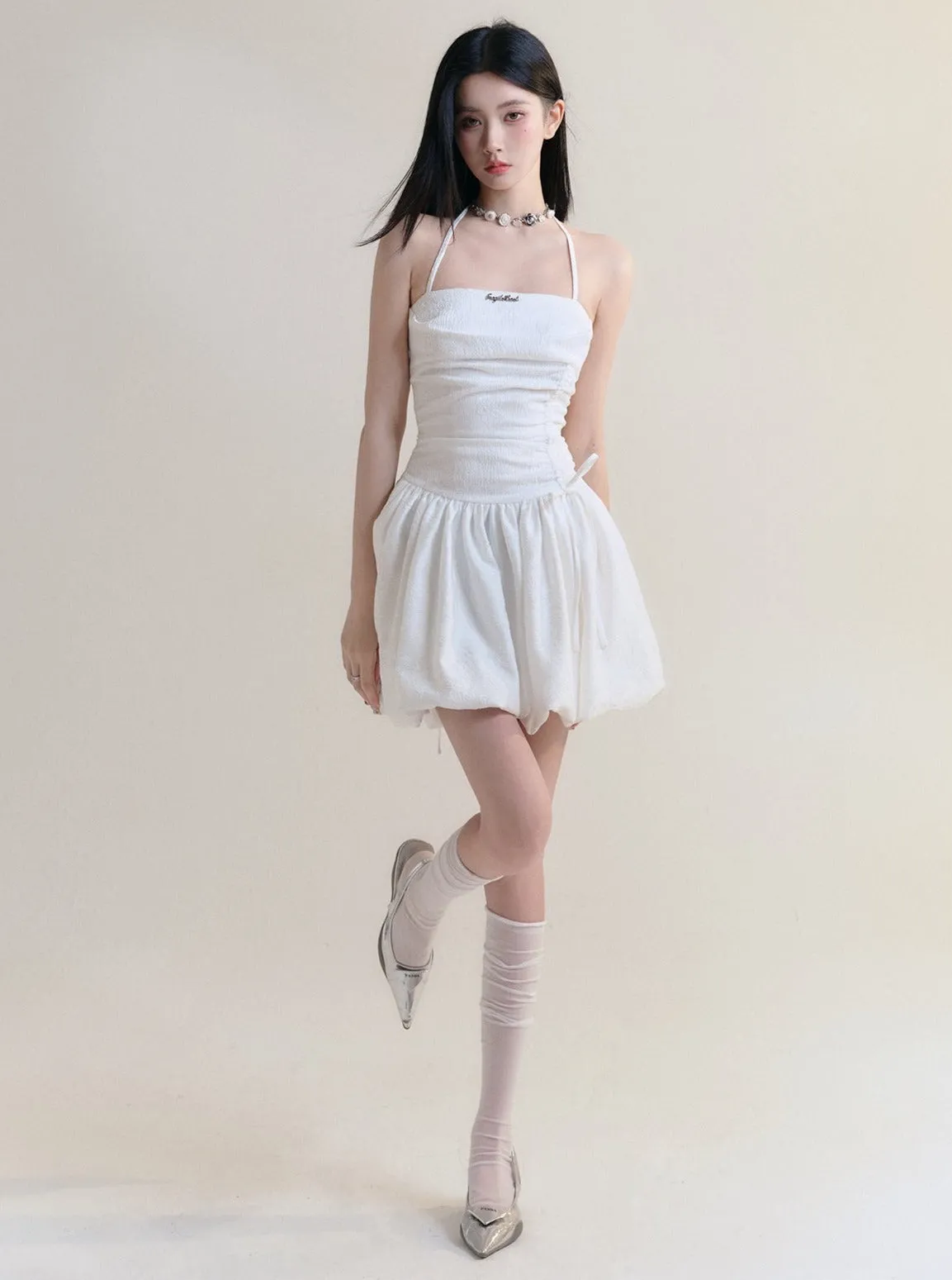 Angelic White Halter Mini Sundress with Ruched Bodice