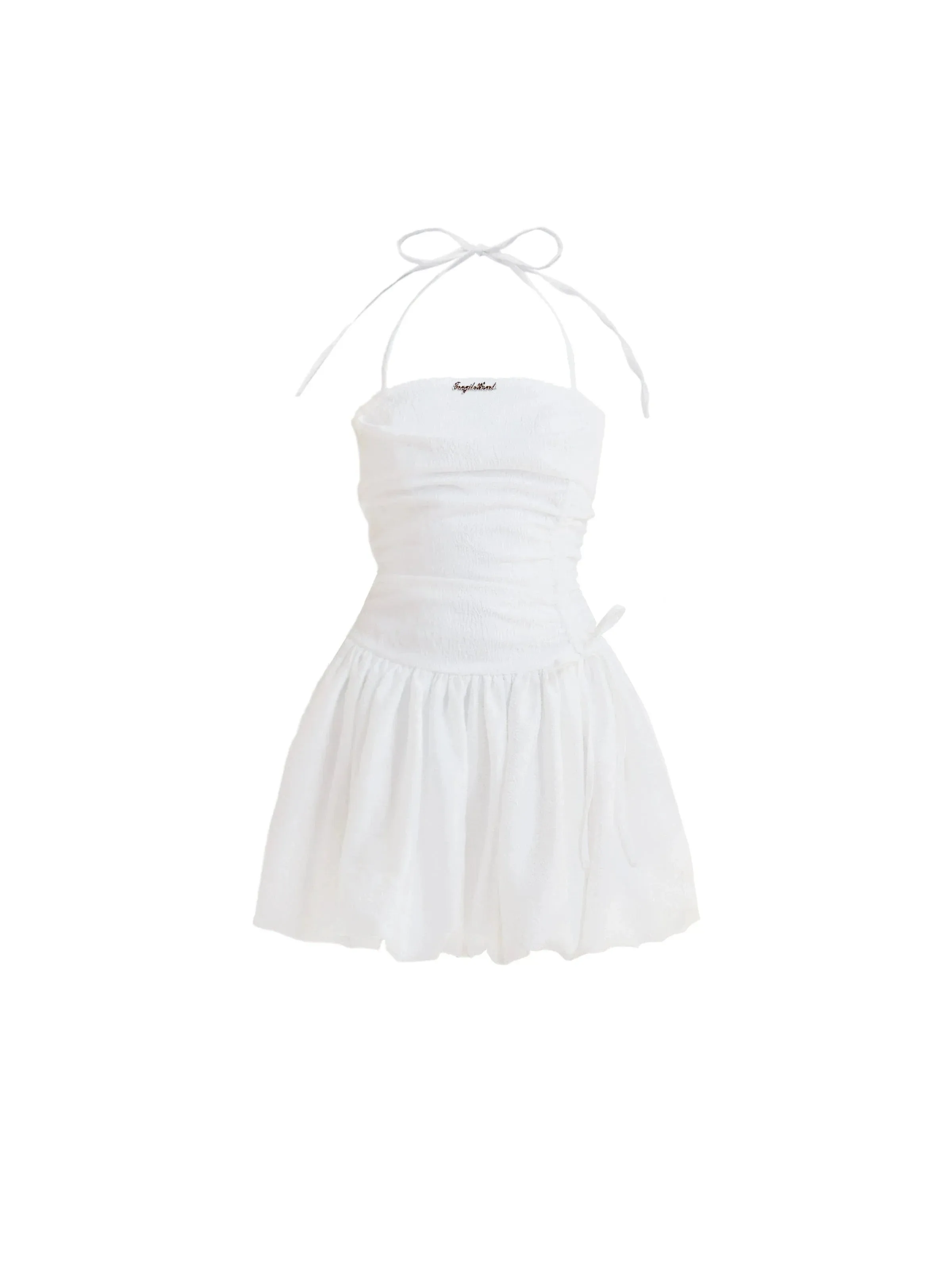 Angelic White Halter Mini Sundress with Ruched Bodice