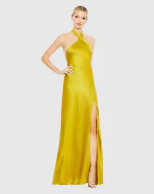 Asymmetrical criss-cross halterneck gown - Chartreuse