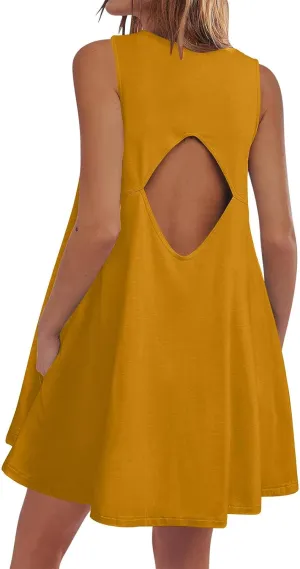 Backless Mini Dress Women 2025 Sleeveless Crewneck Solid Color Loose Summer Casual Sexy Open Back Vacation Outfits