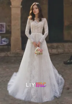 Bateau Long Sleeves Appliques Tulle A-Line Wedding Dress
