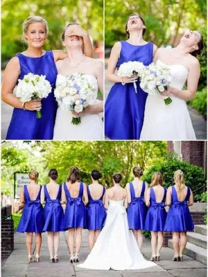 Bateau Neck Royal Blue Short Knee Length Bridesmaid dresses with Low back