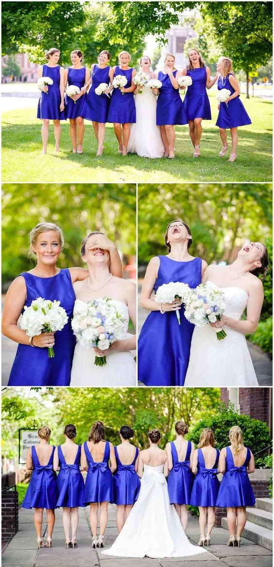 Bateau Neck Royal Blue Short Knee Length Bridesmaid dresses with Low back